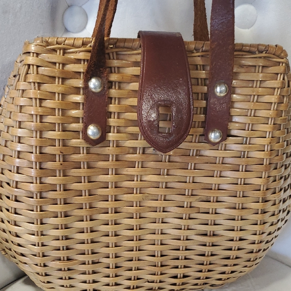 Simon Hand Made Wicker Brown Leather Top Handle Woven Satchel Bag - Picture 5 of 15